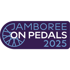 The Jamboree on Pedals 2025 logo. It shows the outline of a bike wheel with Jamboree on Pedals written beside it.